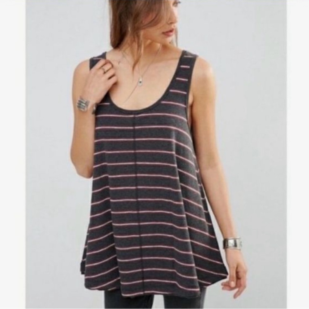 Free People We The Free Garden Stripe Tunic Tank Small Gray Red Striped Boho